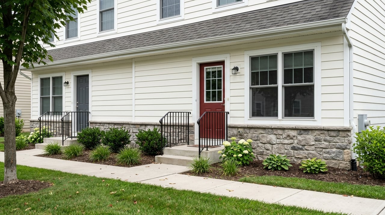Townhouse facade with a shared entrance, clapboard siding, and windows with subtle water streaks.