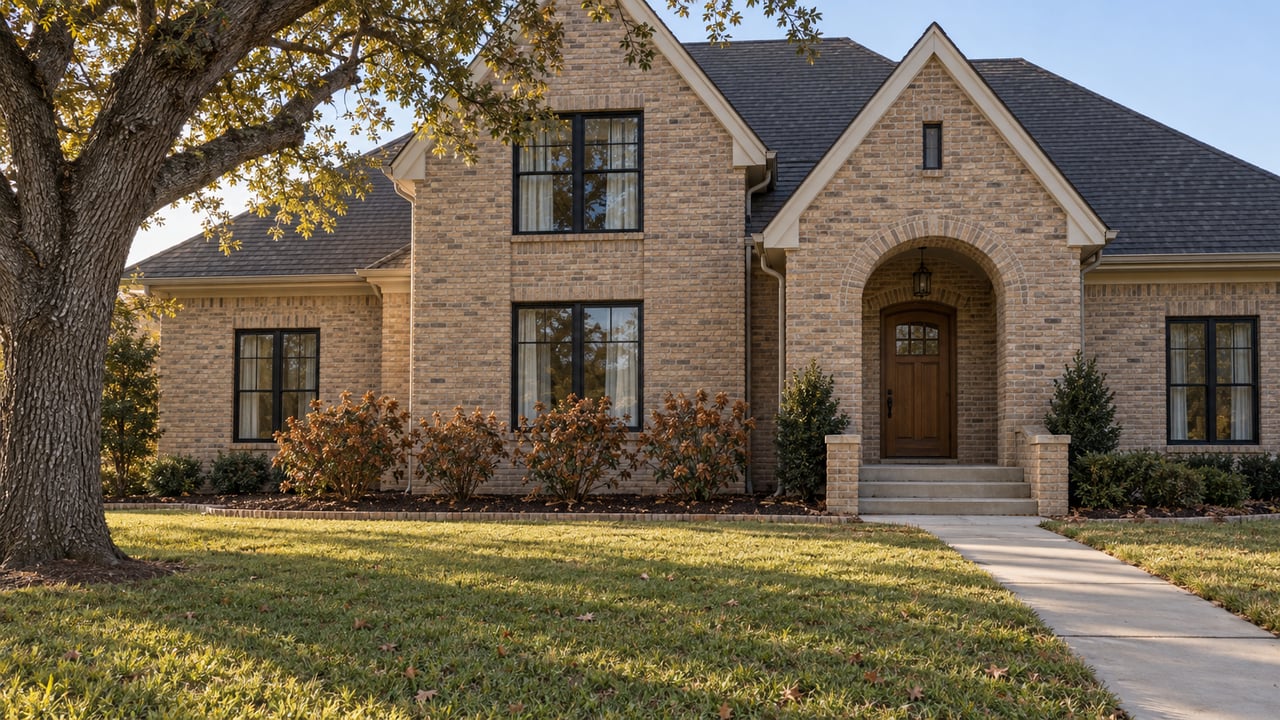 Warm afternoon light across a two-story buff-brick home, deep lawn and oak-shaded front walk.