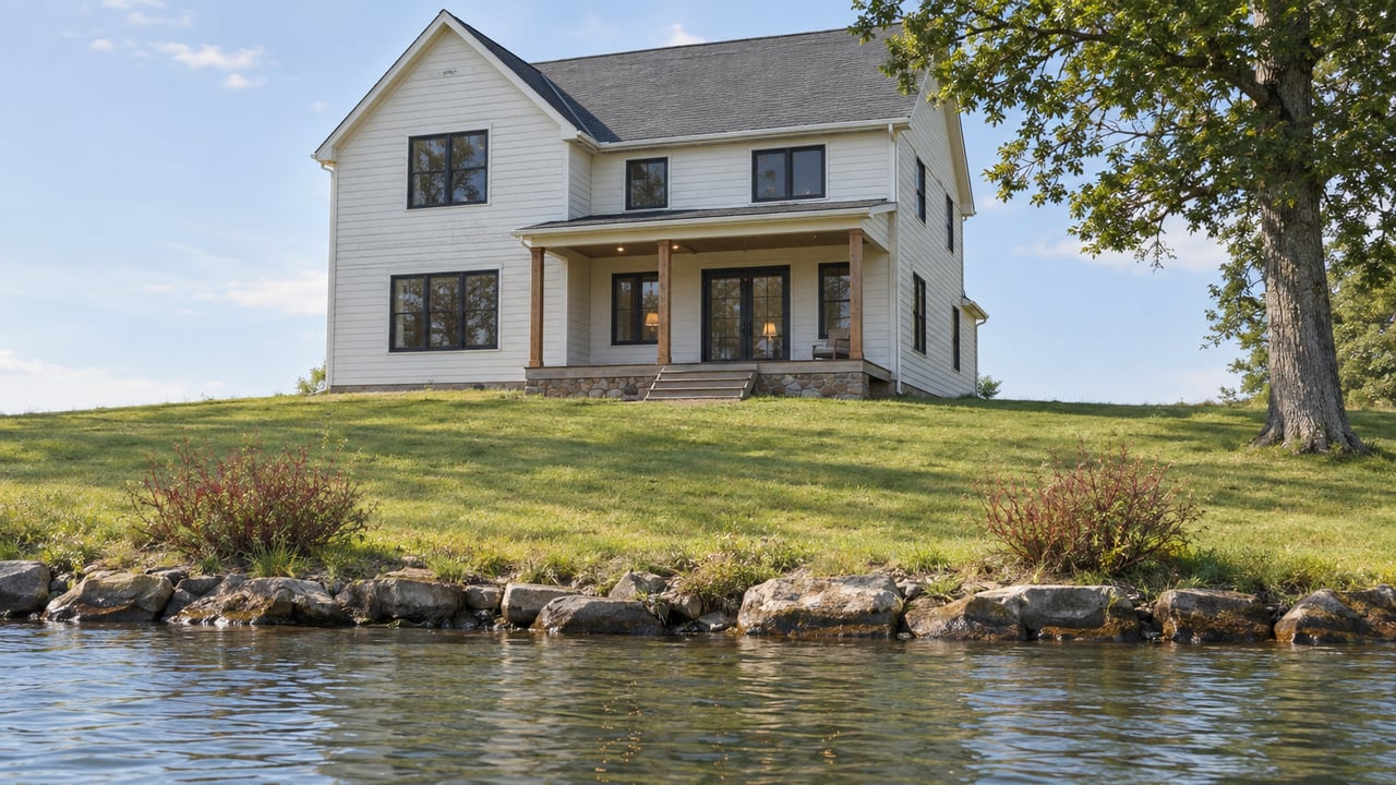 Gabled house above a rippled shoreline, with a broad sloping lawn and a white oak at right.