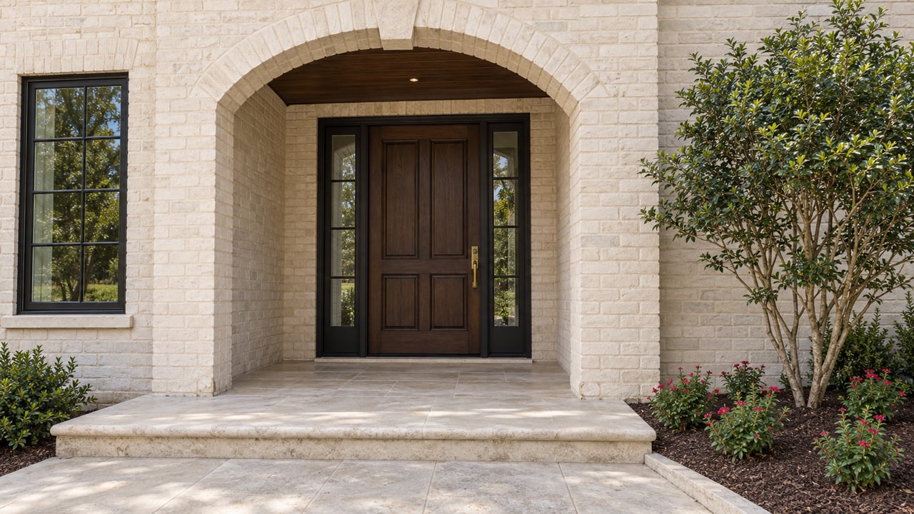 Ivory brick arch surrounding a dark oak front door, with limestone entry steps and a small flowering planting bed.