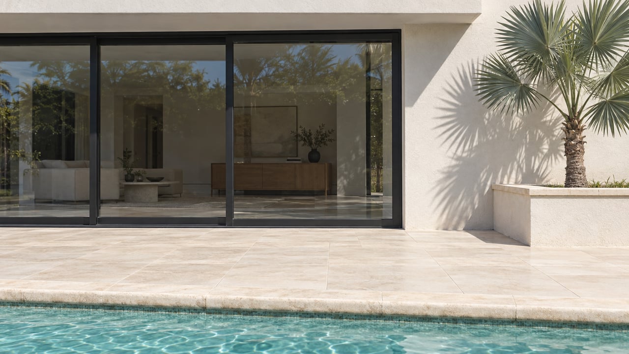 White stucco home with black-framed glass doors, ivory limestone pool terrace, and a silver palm in a raised planter.