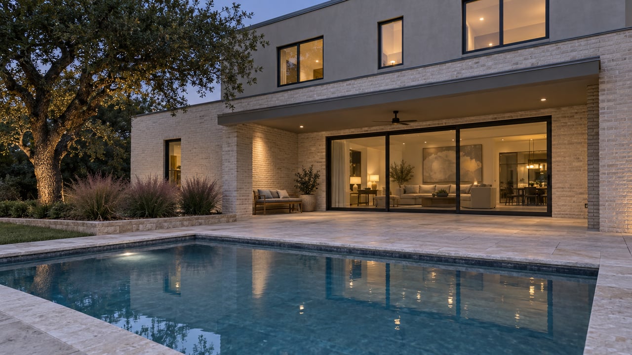 Backyard pool beside a covered patio and two-story house, with warm light glowing through glass doors at dusk.