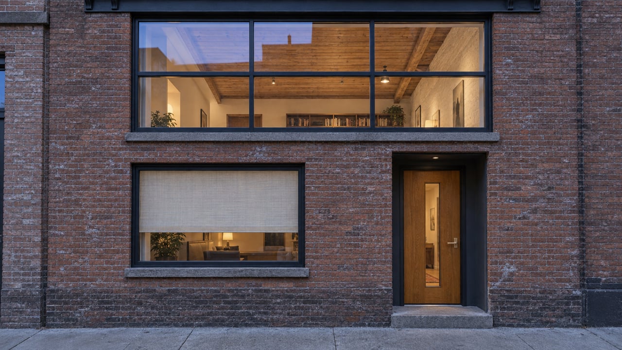 Warmly lit loft windows above a recessed oak residential entrance in a weathered brick facade at dusk.