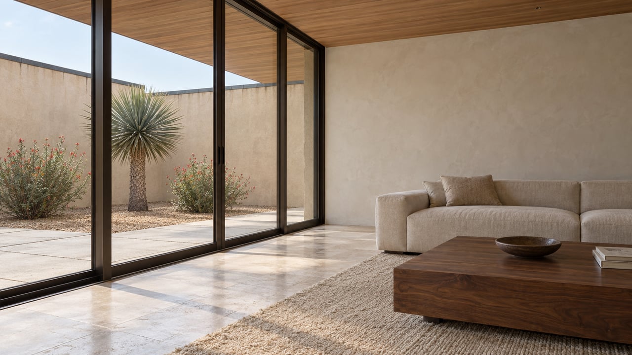 Sunlit living room with limestone floors, a linen sofa and bronze-framed glass overlooking a gravel courtyard with sculptural yucca.