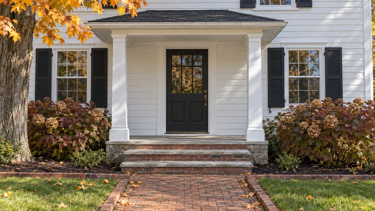 White clapboard house entrance with black door and shutters, limestone steps, brick walk and burgundy oakleaf hydrangeas in autumn daylight.