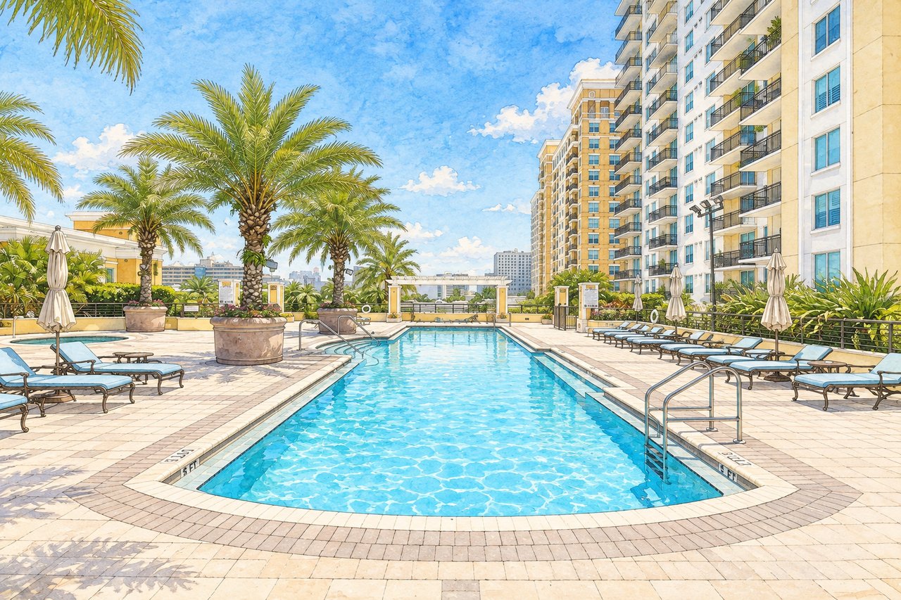 Condominium pool courtyard with palm trees, lounge chairs, and tall residential buildings.