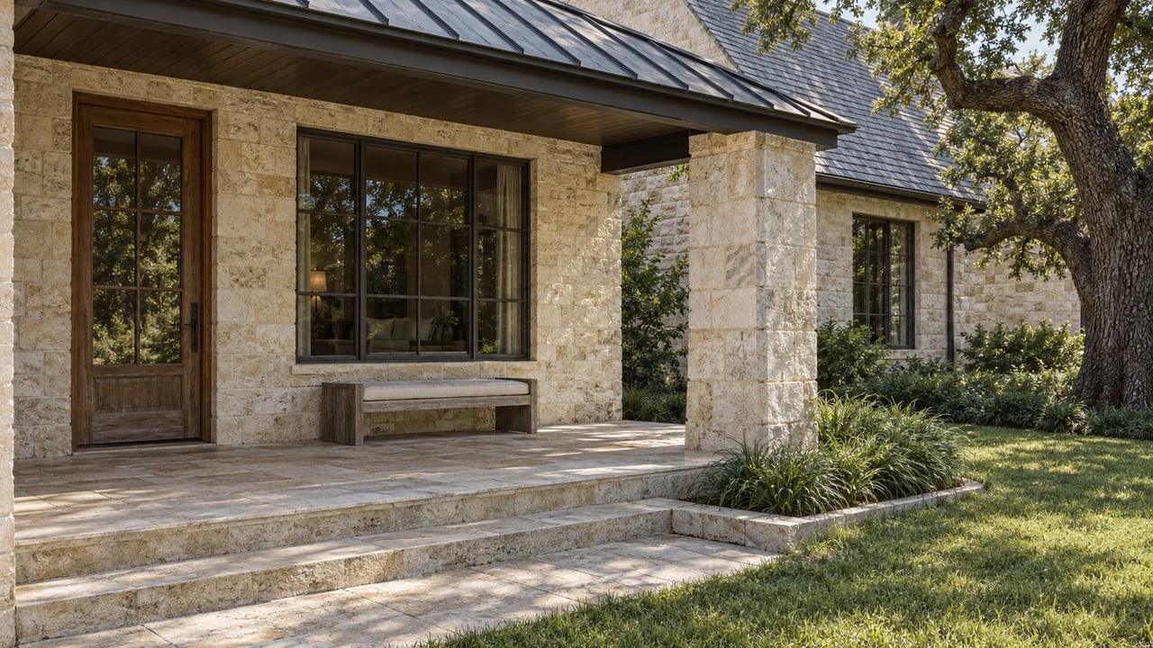Limestone porch with a glazed oak door, bronze-framed window, teak bench, and broad stone steps beside a live oak and lawn.