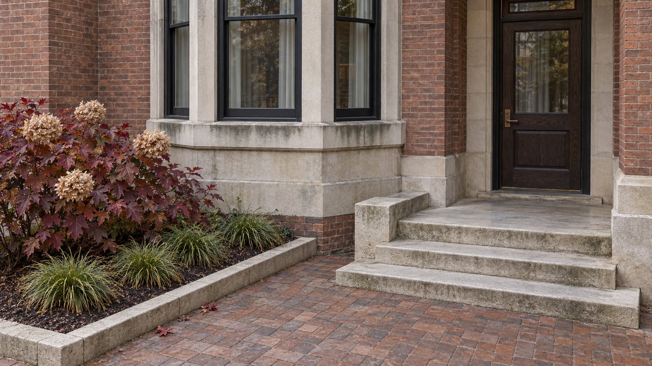 Brick townhouse entrance with worn limestone steps, dark oak door, a projecting window bay and burgundy oakleaf hydrangea in a small paved forecourt.