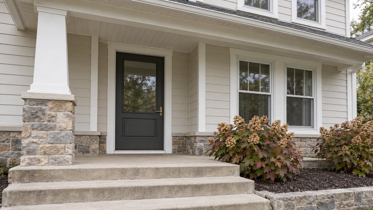 Covered porch with pale siding, a stone-based column, charcoal glazed front door, and autumn oakleaf hydrangeas beside concrete steps.