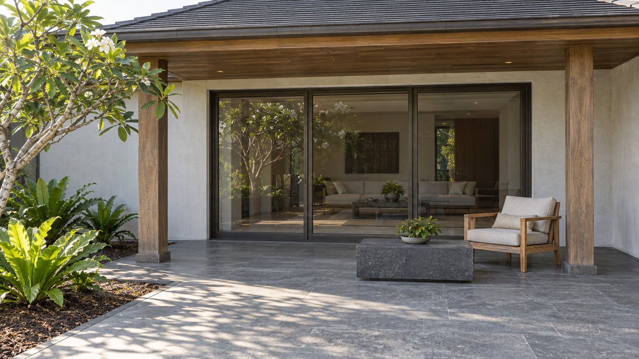 A shaded timber veranda with bronze-framed glass doors, basalt paving, and a teak chair beside a flowering plumeria.