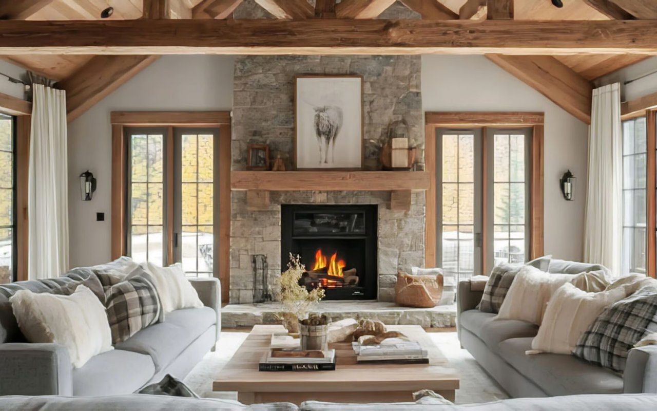 Living room with a vaulted wood-beam ceiling, stone fireplace, and sofas facing each other.