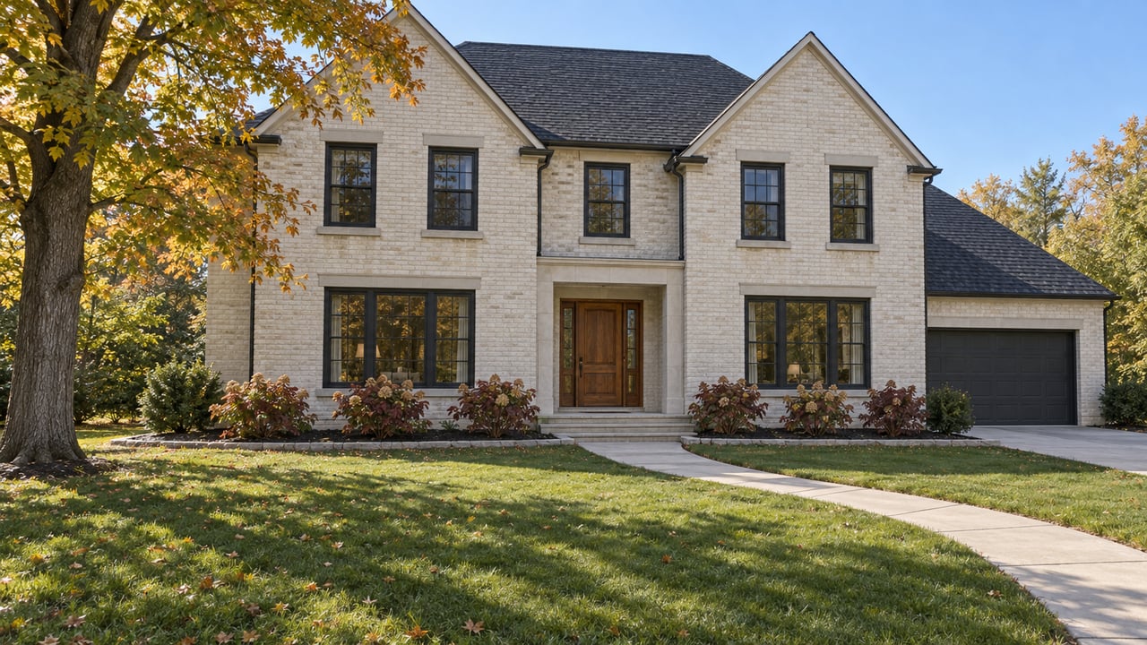 Pale-brick two-story house behind a broad lawn, with charcoal gables, dark windows, a curved concrete walk, and an amber-leaved maple.