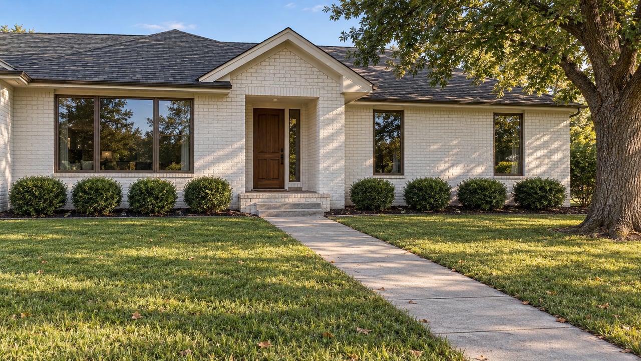 White-painted brick ranch with bronze-framed windows, a broad concrete front walk, deep lawn and a mature oak.