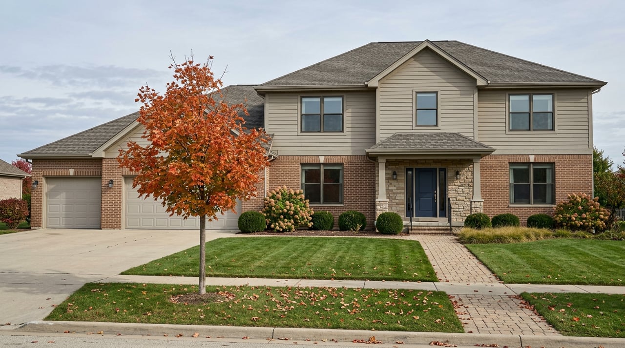 Two-story greige and brick home with a three-car garage, deep lawn, diagonal paver walk, and orange-red maple.