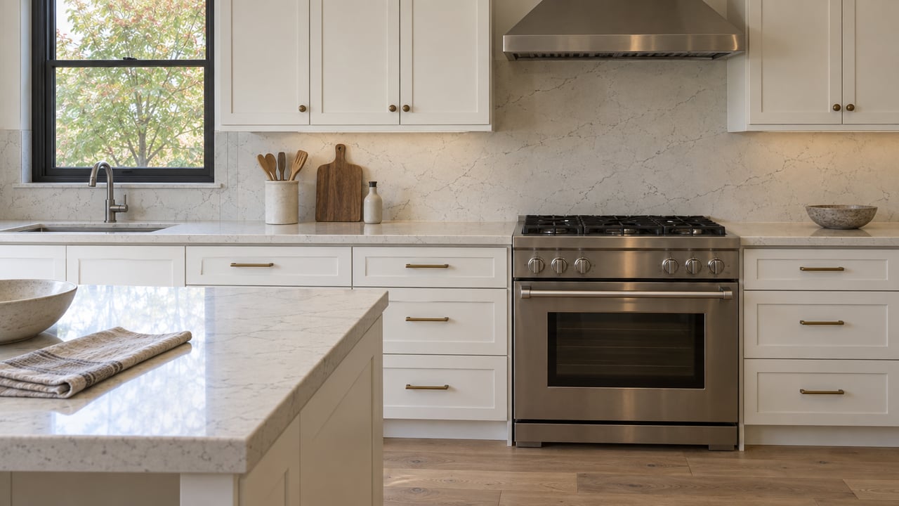 Compact kitchen with white shaker cabinets, stainless range, pale oak floor, and a tree visible through the window.