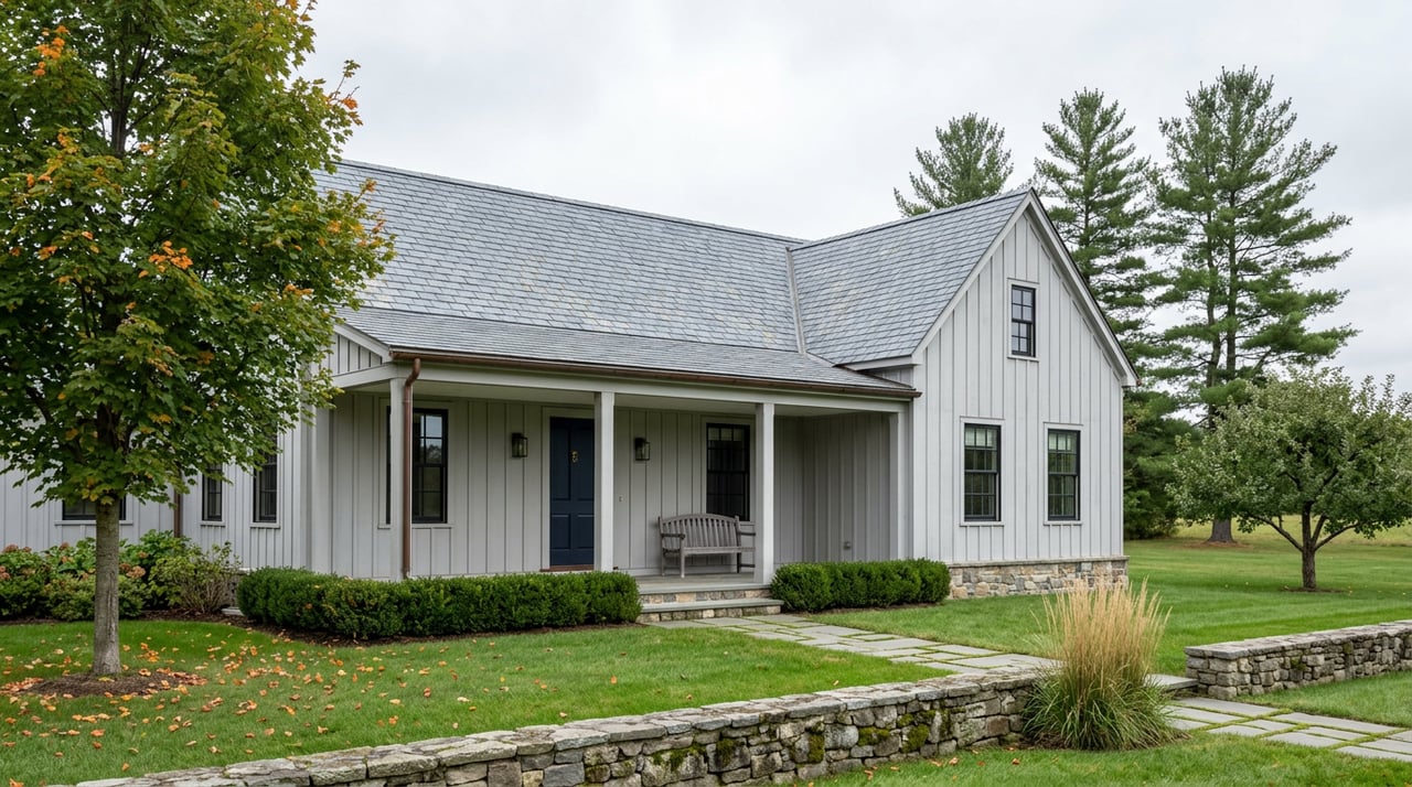 Dove-gray farmhouse with a covered porch, slate roof, stone wall, and deep lawn beneath a maple tree.