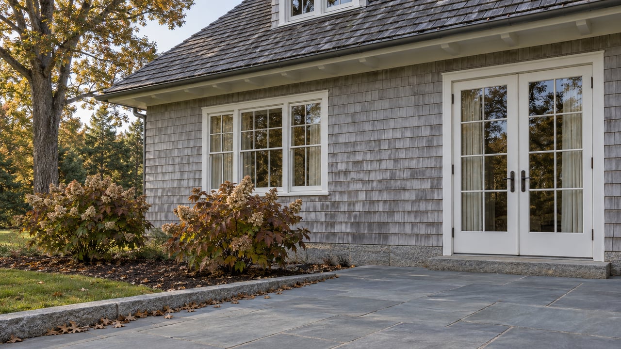 Weathered cedar-shingle house with closed glazed doors, a bluestone terrace and oakleaf hydrangeas turning russet in autumn.