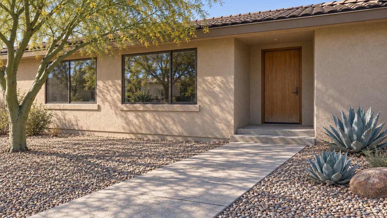 Sand-colored stucco home with a recessed wood door, bronze-framed windows, gravel forecourt, blue-gray agaves and a green-trunked tree.