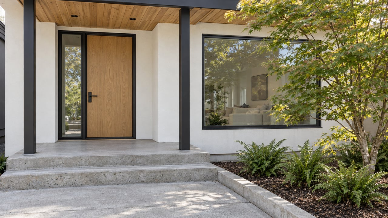 Modern home entrance with a wood door, covered porch, and broad concrete steps.