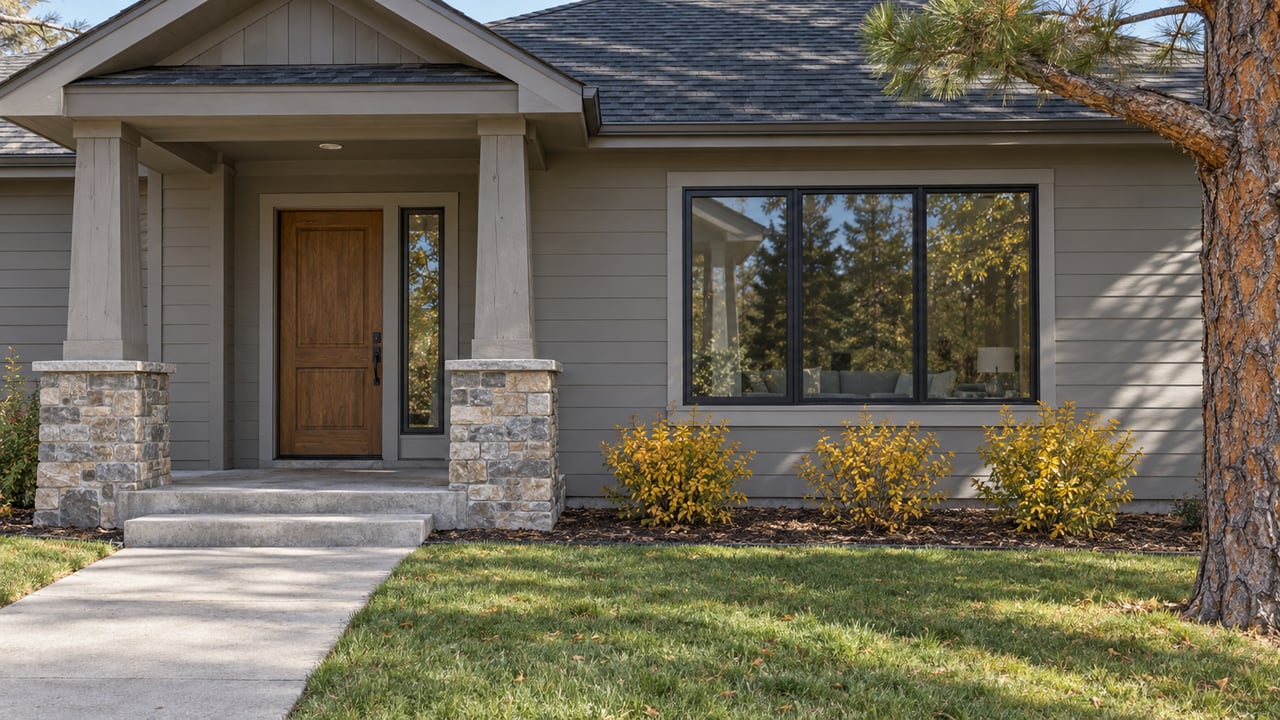 Updated detached home with a timber porch, stone bases, broad black-framed window, and a concrete approach beside autumn lawn and a pine tree.