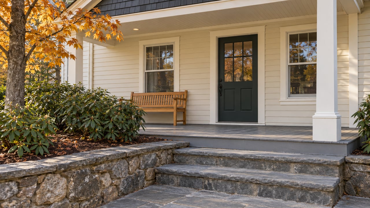 Ivory-sided home with an evergreen front door, weathered gray porch, sandstone steps and a stone-edged planting bed beneath autumn maple branches.
