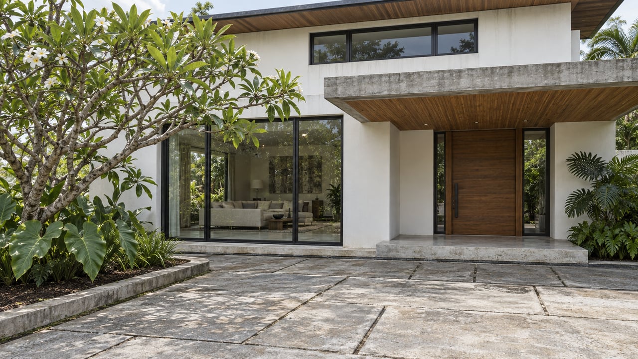 Modern tropical villa entrance with bamboo soffit, enclosed glass living room and a flowering specimen tree beside a stone arrival court.