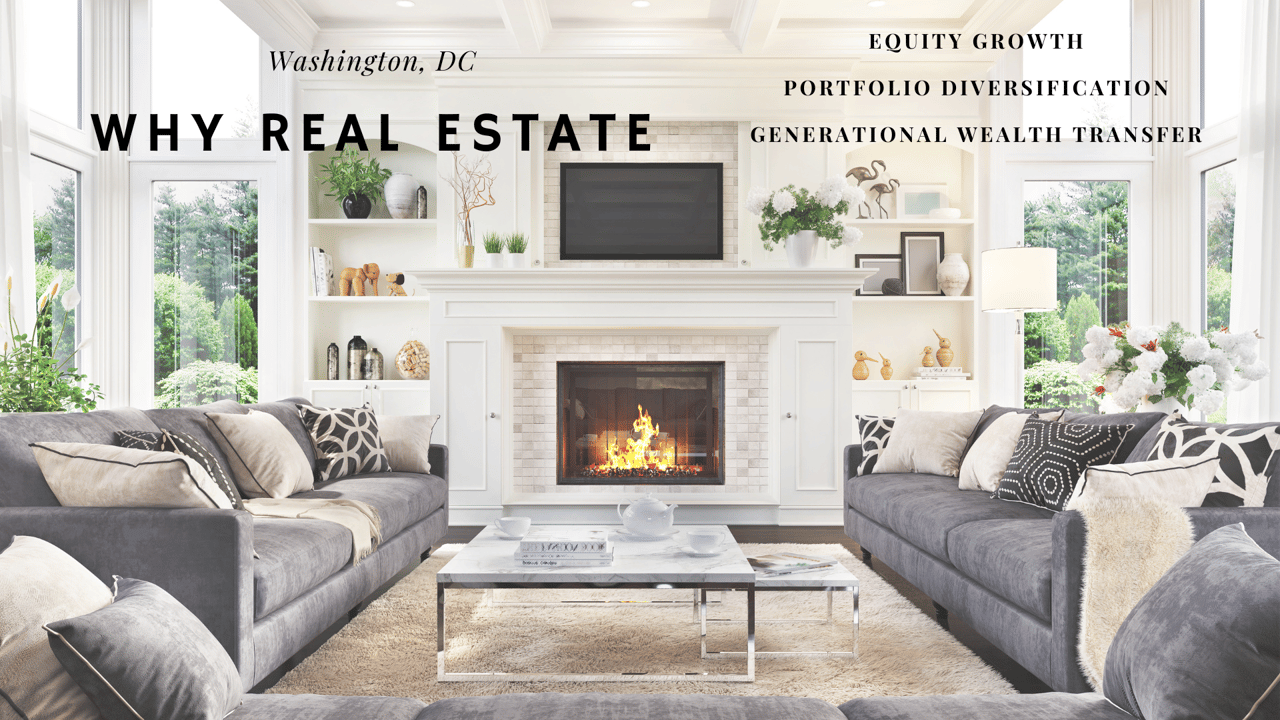 A luxurious living room with a cozy fireplace, elegant decor, and large windows overlooking a lush garden, symbolizing the benefits of real estate investment in Washington DC for equity growth, portfolio diversification, and generational wealth transfer.