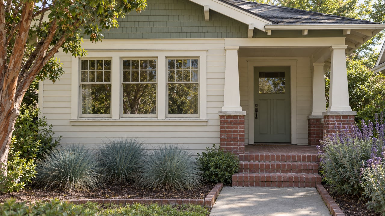Cream wood bungalow facade with divided-light windows, sage gable shingles and a brick porch surrounded by carefully planted garden beds.