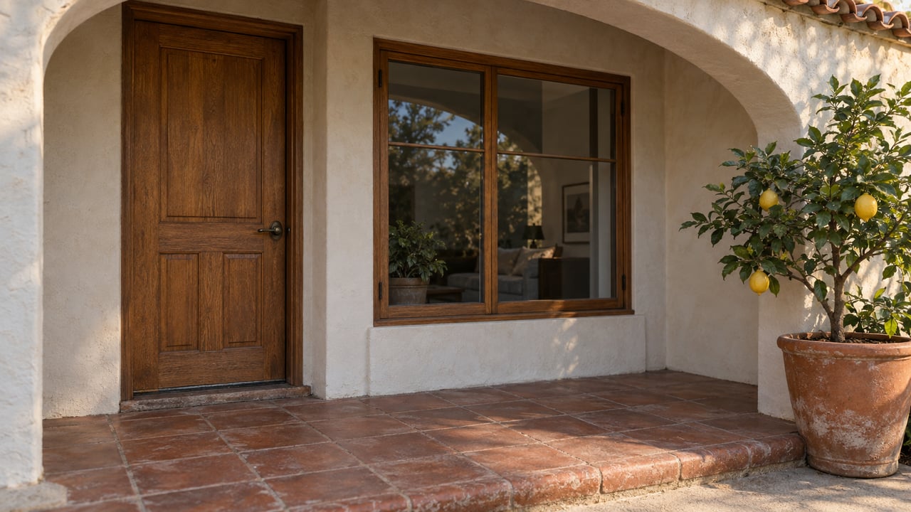 Afternoon light grazes a cream stucco bungalow porch with an oak door, glazed window, worn terracotta tiles, and a potted lemon tree.