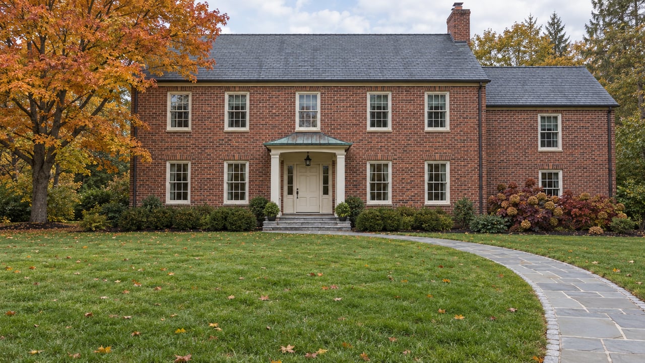 Brick home with a slate roof, deep autumn lawn, curved bluestone walk, and a mature maple with ochre foliage.
