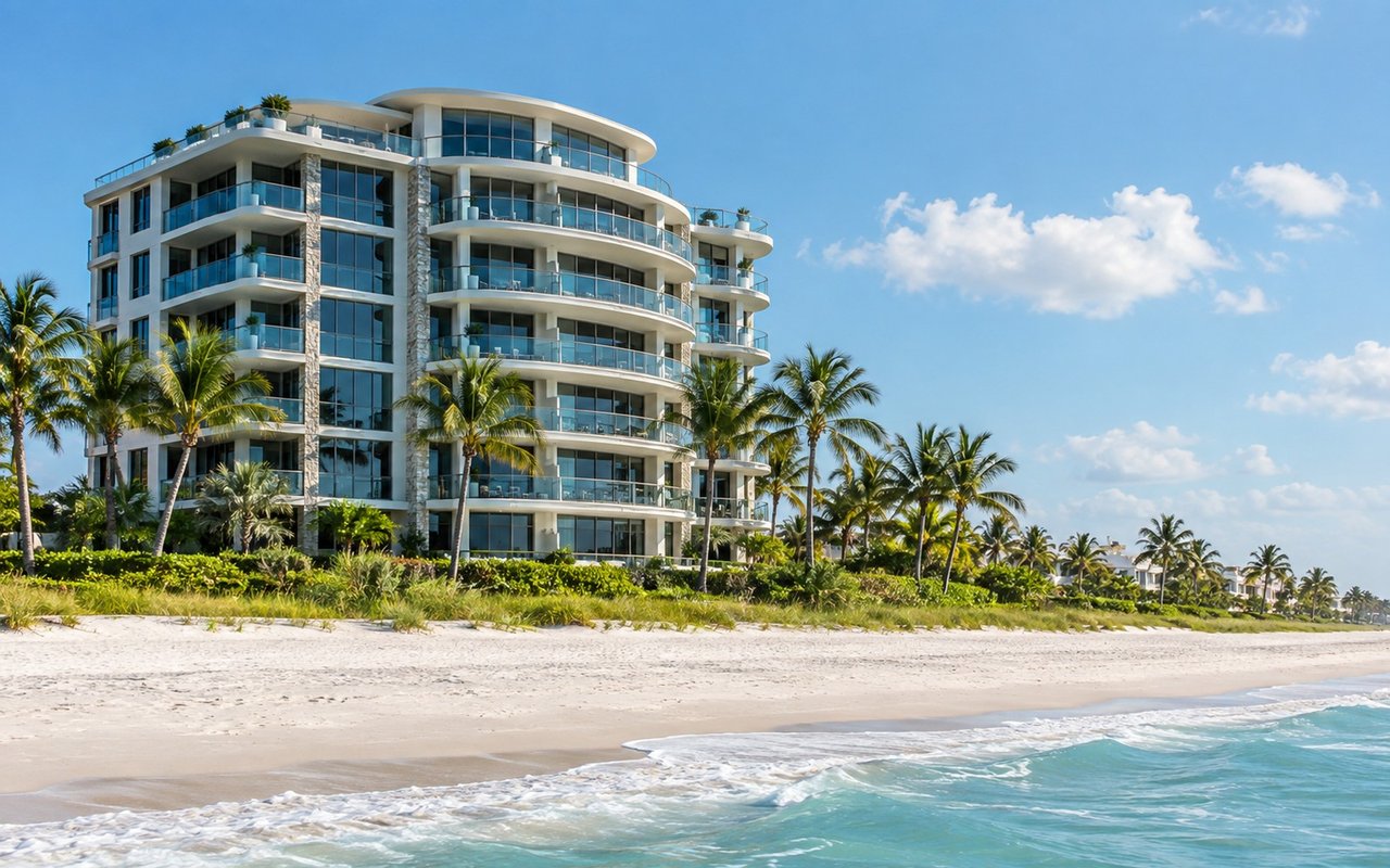 Allegro beachfront condominium tower beside a sandy beach and turquoise Gulf water.