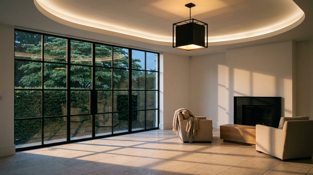 Great room with black-mullioned windows, a glowing cube pendant, pale stone floor, and linen armchairs.