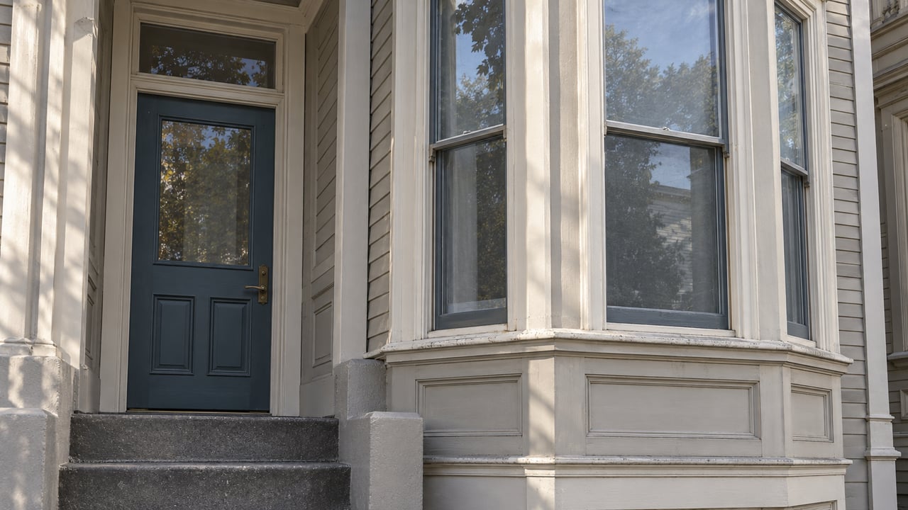 Close view of a blue recessed front door, worn concrete entry steps, and ivory-trimmed bay windows on a painted timber home.