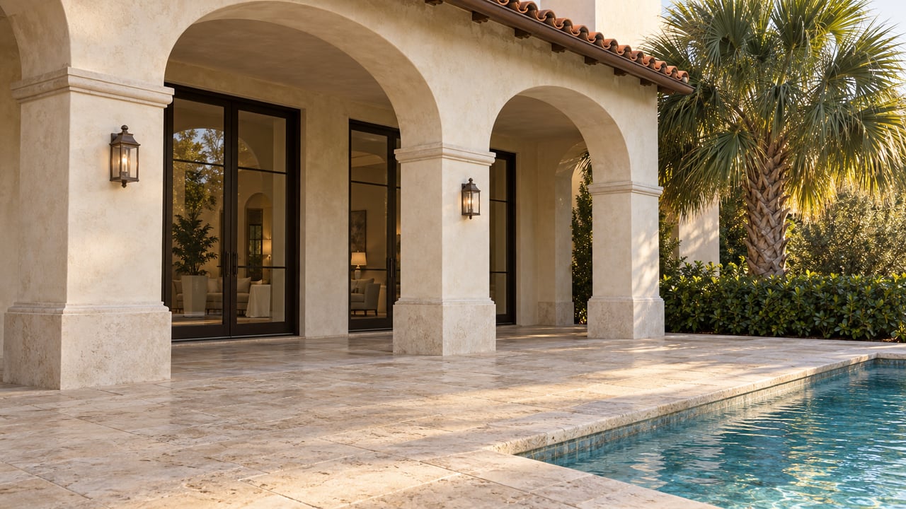 Cream-plaster arcade with red tile eaves overlooks a travertine terrace, blue pool, and sculptural palm.