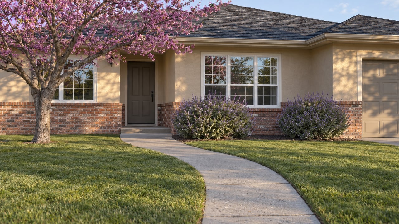 Tan stucco house with reddish brick base, recessed entry, gridded windows, partial garage bay, and curving concrete walk.