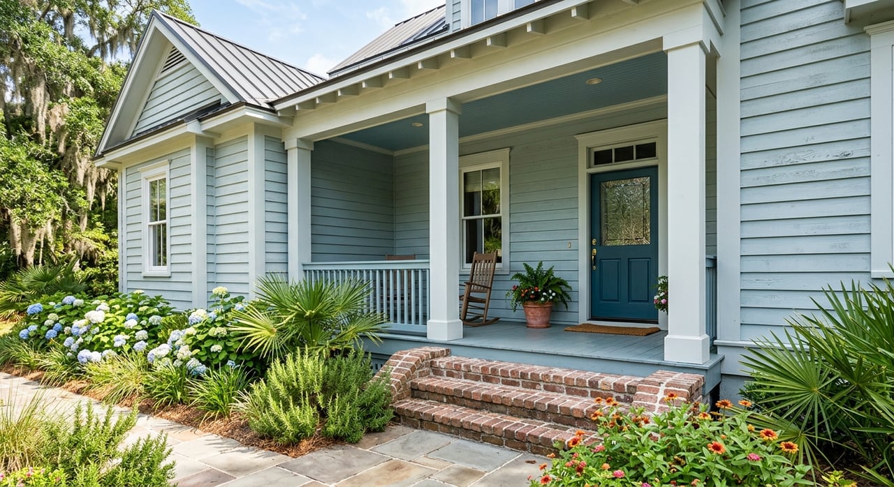 Sea-glass blue front door beside pale gray siding, with brick steps, a white porch column, and coastal landscaping.