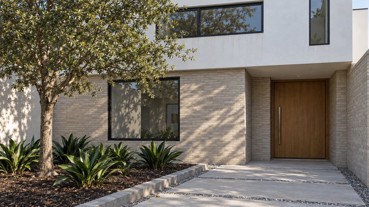 Contemporary white stucco and pale brick home with a sheltered oak entry, black-framed windows, and a young live oak in a neatly edged front garden.