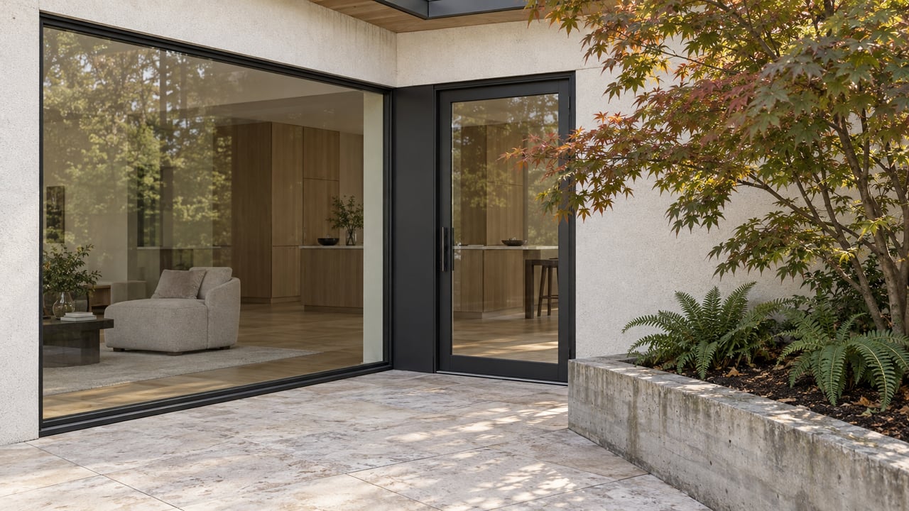 Glazed garden-room corner with pale rendered walls, limestone terrace and a Japanese maple in a raised concrete planting bed.