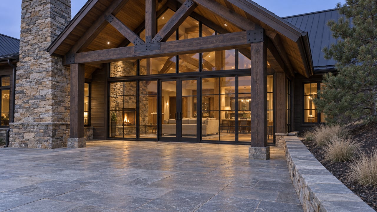 Timber-gabled residence with ledgestone chimney, warmly lit gridded windows and a broad stone terrace at twilight.