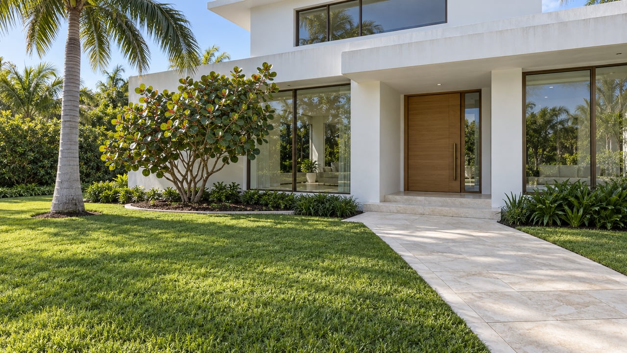 White contemporary home with bronze-framed windows, a limestone approach, broad lawn, a royal palm and a sculptural sea grape tree.