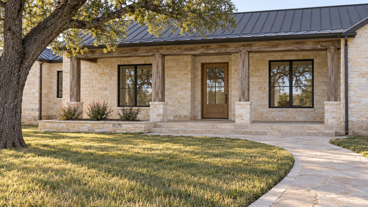 Pale limestone home with a dark metal roof, timber porch and mature live oak beyond a broad lawn and curved stone walk.
