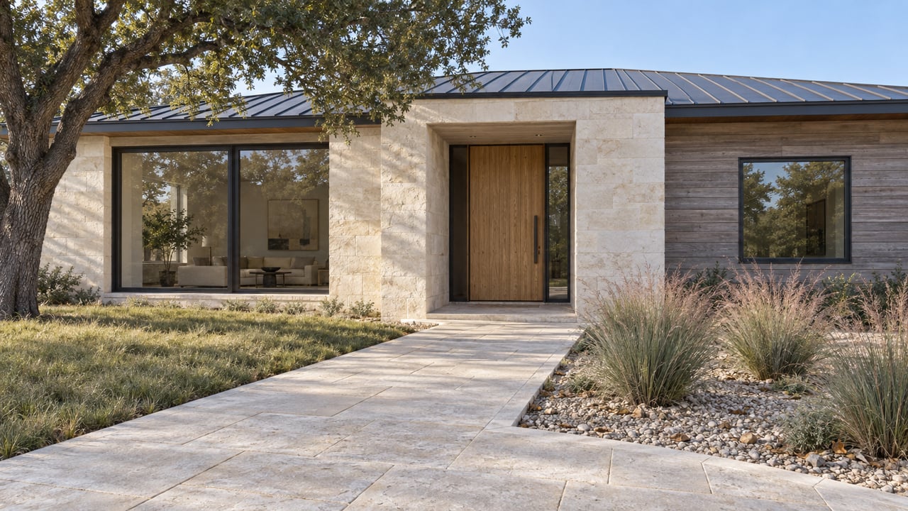 A limestone approach crosses a landscaped front garden toward a contemporary limestone and cedar home beneath a mature live oak.
