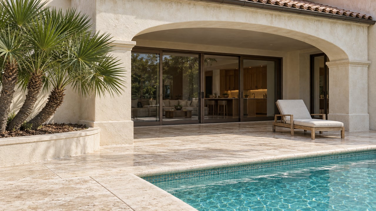 Ivory stucco villa terrace with an arched opening, bronze-framed glass doors, teak lounge chair and travertine edging beside turquoise pool water.