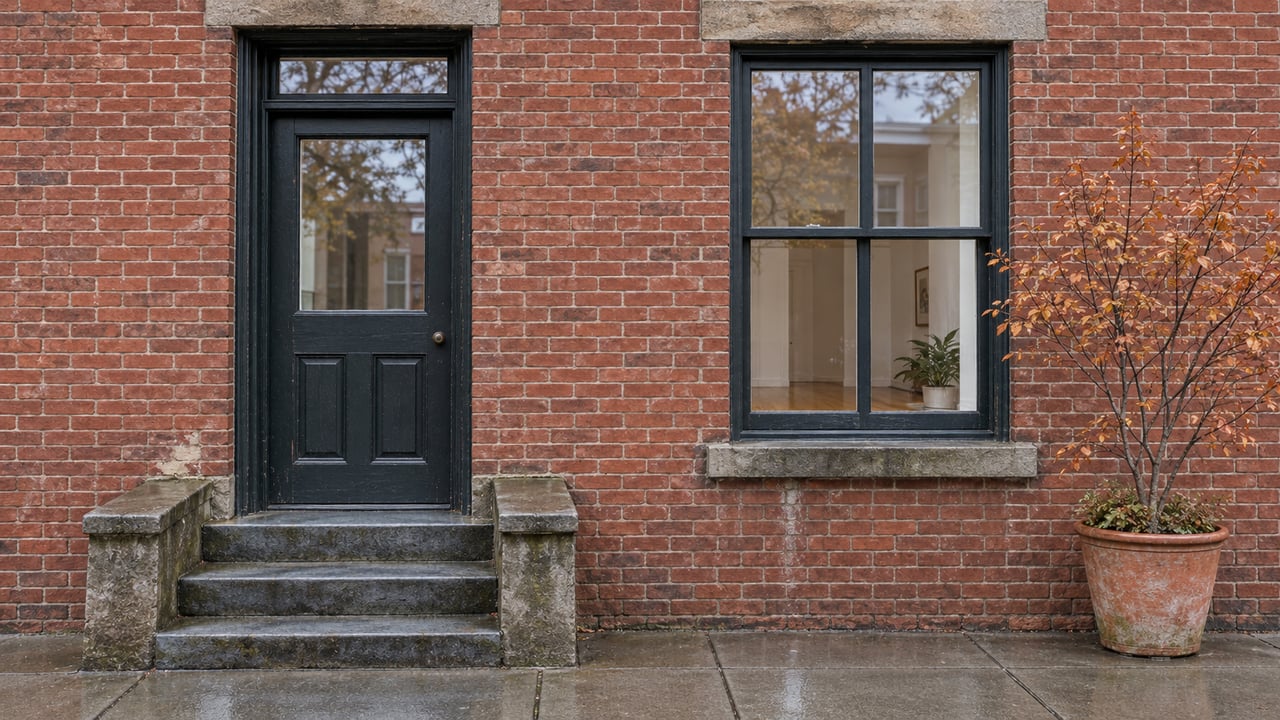 Weathered red-brick home entrance with a dark timber door, broad sash window, worn stone stoop and a potted serviceberry with copper leaves.