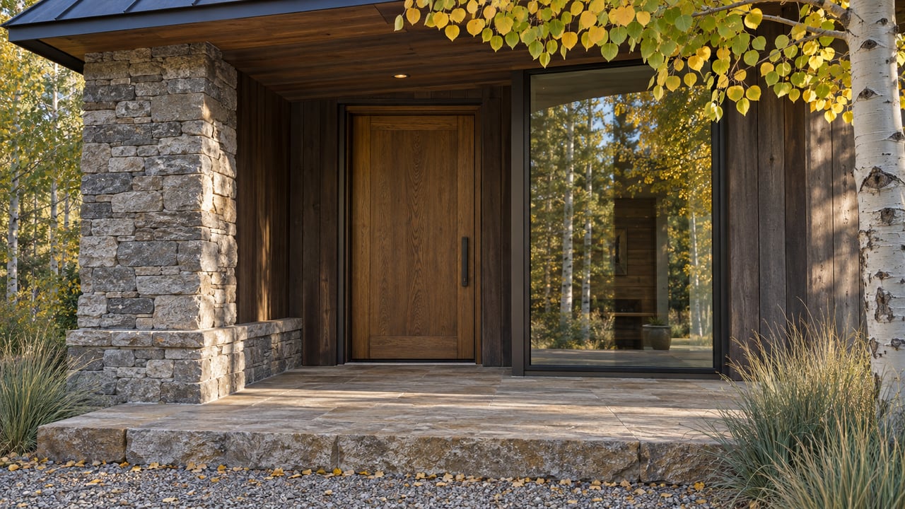 Mountain house entry with gray stone pier, oak door, bronze-framed window, and yellow-green aspen leaves.