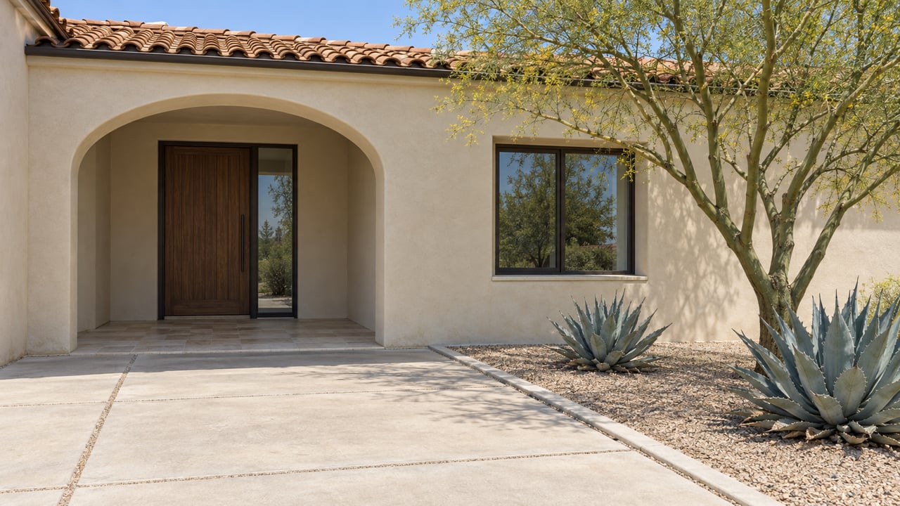 Cream stucco home with a clay tile roof, recessed arched entrance, bronze-framed window and sculptural desert planting beside a concrete approach.
