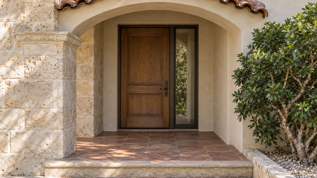 A shaded oak front door beneath a plaster arch, with fossil-rich limestone, worn terracotta paving, and a glossy-leaved specimen tree.