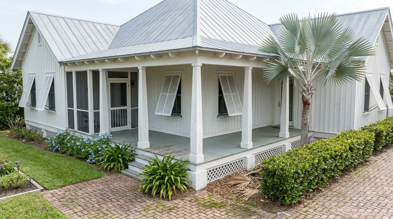 White historic wood-frame house with a raised wraparound porch, metal roof, brick path, clipped hedge, and palm.