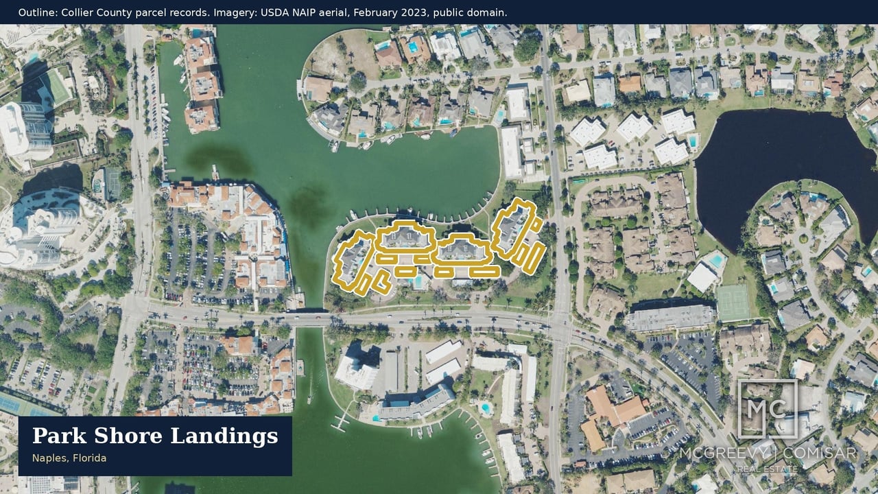 Map of Park Shore Landings in Naples, Florida, with neighborhood parcels outlined in gold.