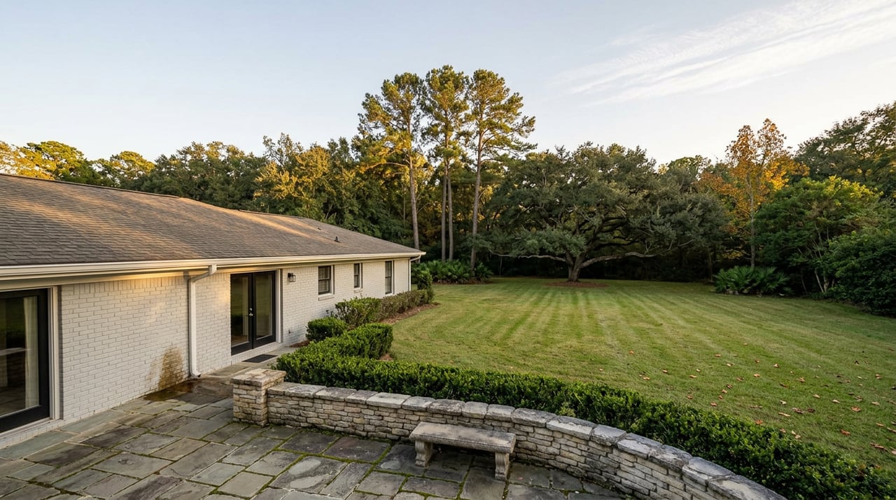 Gray brick home opens onto a flagstone patio, broad lawn, and wooded edge with a spreading live oak.